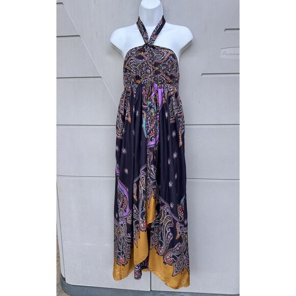 Express Y2K Silk Paisley Halter Neck Handkerchief Maxi Dress Sz 2 Boho Resort - Picture 2 of 16